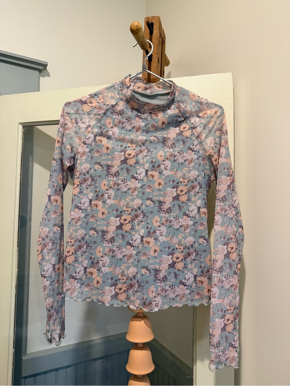 Floral Long-Sleeve Mock Neck Mesh Top -